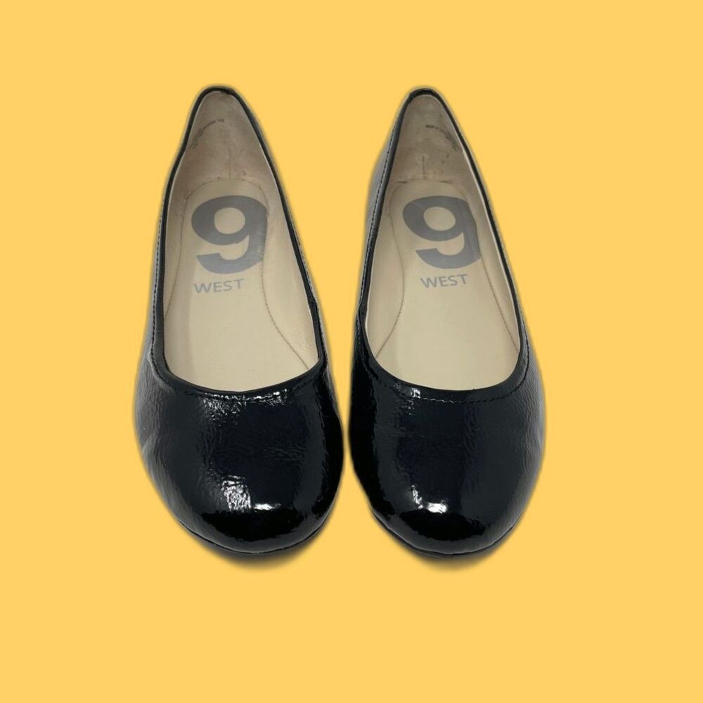 New w/box Nine West Black Faux Patent Leather Mod Flat US 10M